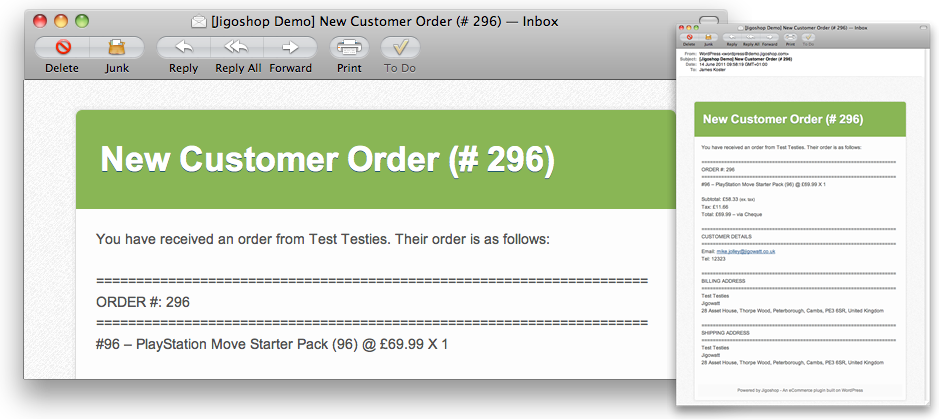 Mac HTML Email Of Customer Order