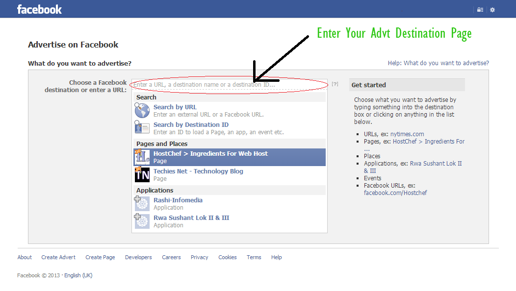 Facebook Advt Destination URL
