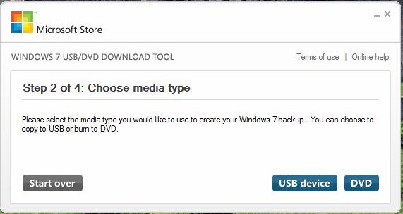Windows 7 USB/DVD Download Tool Choose Media Type