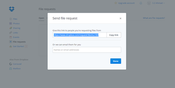 Send file requests dropbox
